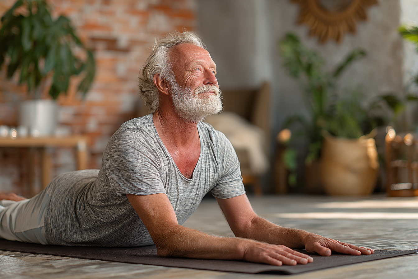 Възрастни хора практикуват йога в спокойна атмосфера